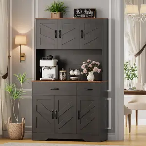 Garvee 71" Kitchen Pantry Cabinet with Charging Station, Kitchen Hutch Storage Cabinet with Large Countertop, Food Pantry Cabinet with Microwave Stand & 2 Drawers for Dining Living Room, Black