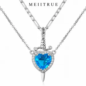 MEIITRUE 14K Gold Plated Heart Pendant Necklace for Women & Men Zirconia Dagger Cross Layer Necklace Matching Jewelry for Couples