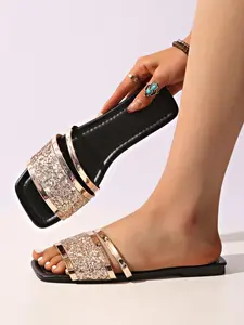 Slippers for women to wear outside in summer, 2025 new fashionable rhinestone with multiple colors to choose from, square headed, flat bottomed, straight drag style, cool slippers