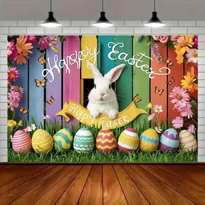1PC,2D Flat Easter Bunny & Colorful Eggs Backdrop, Festival Party Decoration Photography Background Cloth, Children's Birthday Party Photo Backdrop, Family Event Decorative Background Curtain