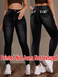 Women's Faux Denim Tight Pants, Jeans Print Bottoms, Casual Fit, All Seasons Wear, Comfortable and Stylish, Perfect for Daily Use, Everyday