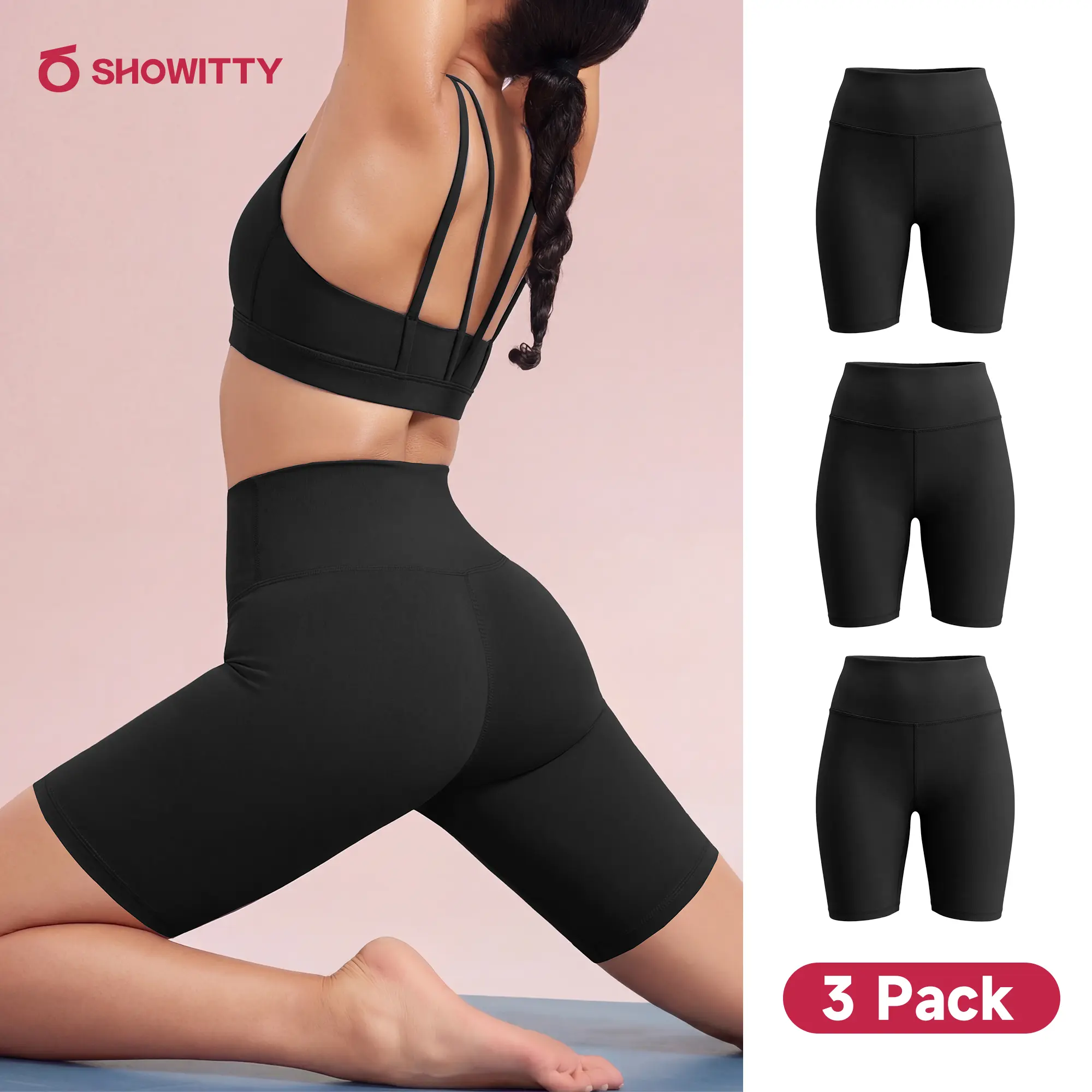 SHOWITTY Womens 3-Pack High Waist Biker Shorts, Tummy Control Soft Stretch Workout Shorts for Yoga, Gym, Beach & Everyday Wear