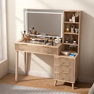 Hippo Furniture Light Brown Makeup Vanity Desk with LED Mirror, Power Outlet, Glass Top, 5 Drawers & Stool