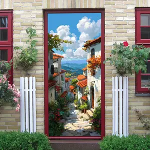 2pcs Mediterranean Style Town Wall Sticker Italian Tuscany Street View HD Print Removable Vinyl Decal for Living Room Bedroom Home Decor Vintage Red Tile White Wall with Flowers Waterproof Self Adhesi