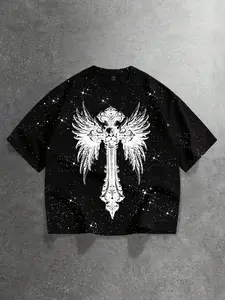 Men's Loose Fit Graphic Print T-Shirt, Sequin Craftsmanship, Religious Cross Skull Staff Wings Pattern, Casual Daily Wear, All Seasons