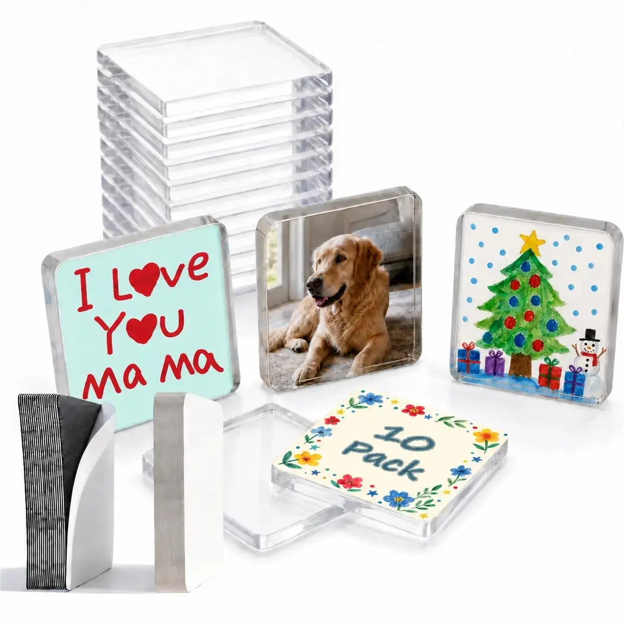 Transparent Magnetic Acrylic Photo Frame Set with Photocard Holders - 10/20/30/50 Pack DIY Craft Kit, 2-in Round Edge Square Frame, Self-Adhesive Backing, Custom Kids' Handmade Gift, Refrigerator Decor