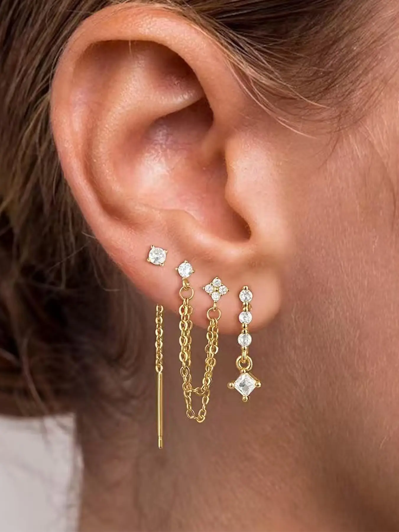 3 Pairs Dangle Earrings, Dainty 14K Gold Plated Chain Earrings for Women, Trendy Stackable Earrings, Earring Stacks, Cubic Zirconia Decor, Hypoallergenic Earrings, Jewelry Gifts, Stud Earrings