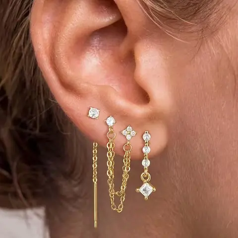 3 Pairs Dangle Earrings, Drop Chain Earrings, Dainty 14K Gold Plated Chain Earrings for Women, Trendy Stackable Earrings, Earring Stacks, Cubic Zirconia Decor, Hypoallergenic Earrings, Jewelry Gifts, Stud Earrings