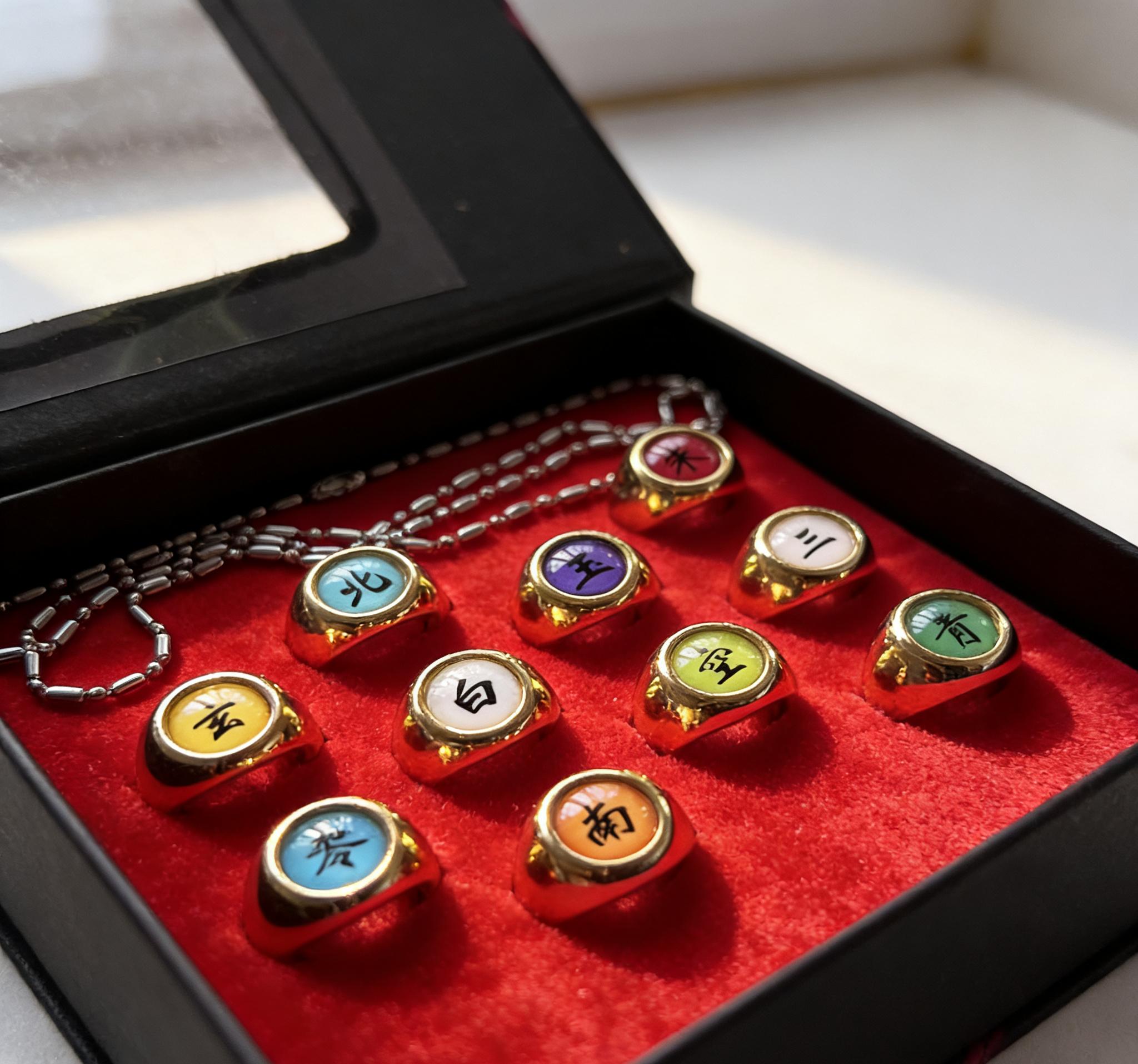 Naruto Akatsuki Rings Set 10Pcs Anime Cosplay Rings with Necklace Chain 2-in-1 Wearable Jewelry Gift for Naruto Fans