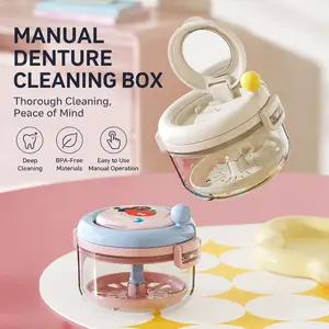 2-in-1 Hand-Operated Toothbrush Cleaning Device with Mirror and Storage Box for Children’s Orthodontic Retainers, False Teeth