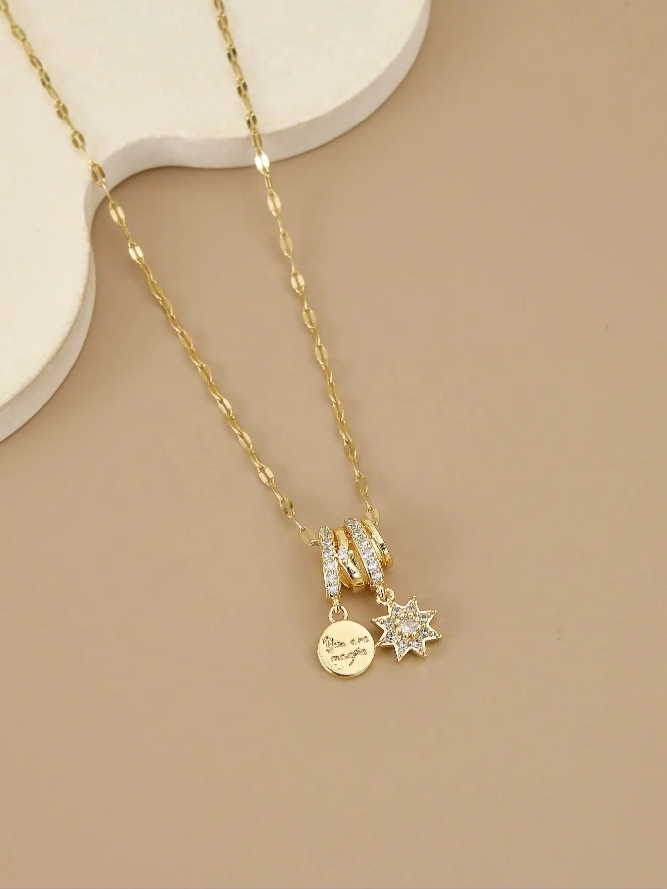 Women's Stainless Steel Dangling Charms Necklace with Star Sunflower Design, Fashionable Sparkling Coin Brooch Pendant Jewelry, Charm Necklaces for Women, Fashionable Accessory
