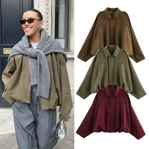 Brown/Green Suede Jacket for Women – Lapel, Zipper, Long Sleeves, Pockets; Bomber Coat, Spring/Autumn, Loose Fit, Motorcycle Outerwear (2025)