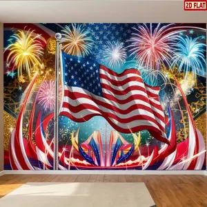 2D Flat 4th of July Fireworks & American Flag Party Banner - Patriotic Polyester Wall Decor with Vibrant Fireworks & Stars, Perfect for Independence Day Celebrations, Home & Room Decoration, Independence Day Dec