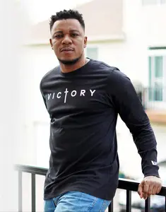 Men's Long Sleeve Cotton Round Neck T-Shirt - Fashion Longsleeves Tshirt, Breathable Soft Fabric, Simple Casual Daily Wear Clothes, Victory Black Menswear Top