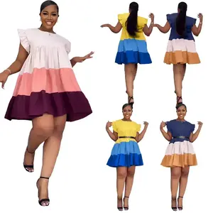 summer spring clothes Summer New Fashion European and American Women's Dress Round Neck Ruffled Sleeve Color Patchwork Big Swing Loose Dress