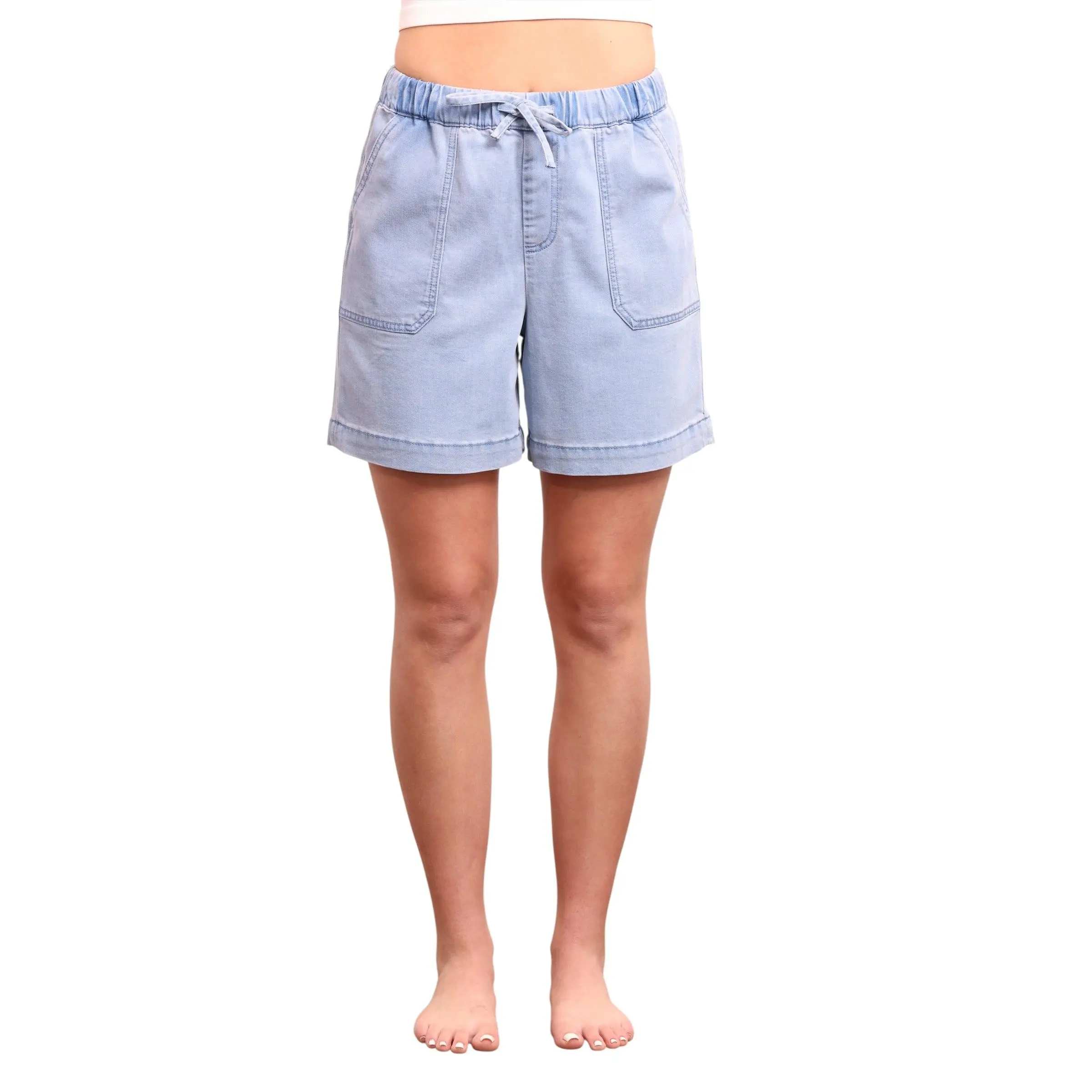 Women's Faye High-Rise Pull-On Relaxed Fit Denim Shorts - Light, Soft, Drape Fabric, Adjustable Waist, Everyday Wear Bottoms