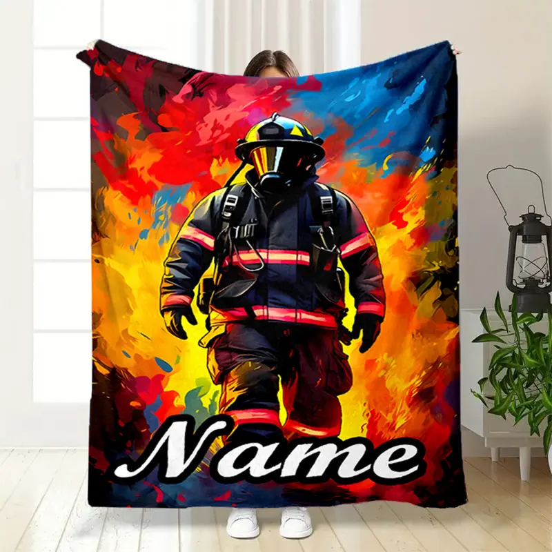 Personalized Firefighter Print Throw Blanket, Custom Name Fireman Themed Cozy Blanket, Soft Fluffy Lightweight Blanket for All Seasons, Anti-Pilling Washable Decorative Blanket
