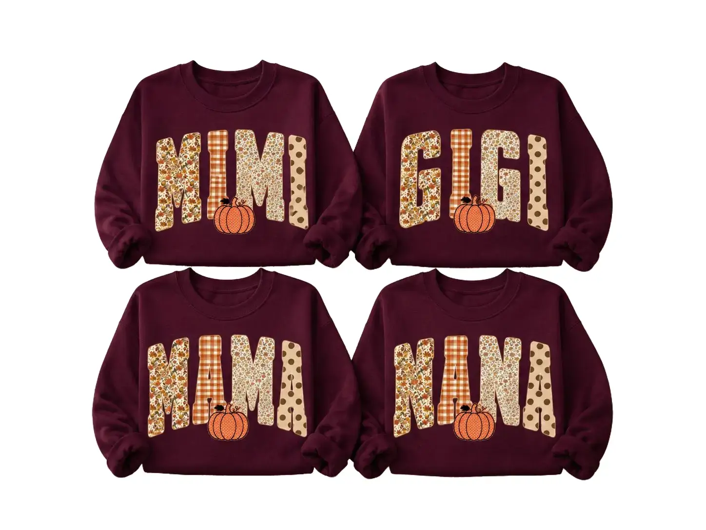 Custom Mimi Gigi Mama Nana Sweatshirt, Personalized Fall Pumpkin Shirt, Autumn Floral Gingham Polka Dot Grandma Crewneck, Family Matching Gift for Mom Nana Gigi Mimi, Cozy Fall Pullover -DarkFlex
