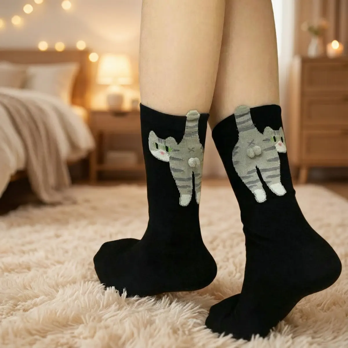 Women's Cute Cat Ball Mid-Calf Long Socks Set - 2 Pairs, Adorable Kitten Design, Comfortable, Stylish, Warmth Boost, Ideal for Casual Winter Wear, Fashion Accessory, Two Pairs