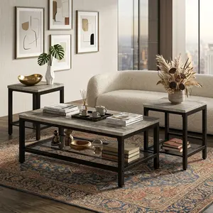 3-Piece Industrial Coffee Table Set, Square End Side Tables + Main Table, Metal Frame, Suitable for Living Room/Apartment/Home Office