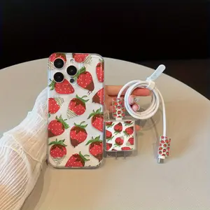 5 Piece Set Strawberry Phone Case, Charger Protector, Cable Organizer, Storage Rope, Anti-Drop Tpu Cover for iPhone Models