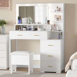 【GARVEE】Makeup Vanity Table with Mirror and Lights, 3 Lighting Modes, 5 Large Drawers, and 3 Open Shelves for Bedroom Organization and Storage