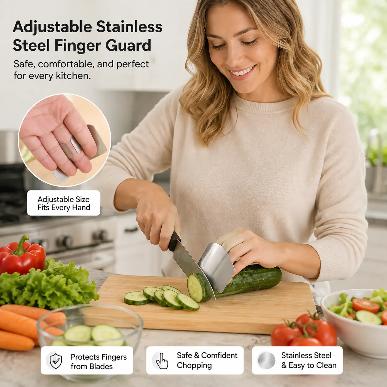 1 Count, Stainless Steel Adjustable Finger Guard, Kitchen Tool for Chopping Slicing and Protecting Fingers During Food Preparation