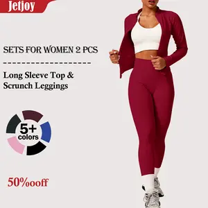Jetjoy Workout Sets for Women 2 Piece, Zip Front Stand Up Collor Jacket Tank Top+Mid Waist Leggings Sets Gym Yoga Work Out Clothes, Matching Mid Waist Leggings Sets Gym Outfits Work Out Clothes Soft Soft Athletic
