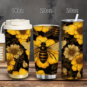 1pc 18oz/20oz Yellow Floral Bee Pattern Tumbler with Lid and Straw, Winter Insulated Travel Mug, Gift for Women Men, Ideal for Valentine’s Day, Easter, Birthday Gift, Iced/Hot Coffee Cup