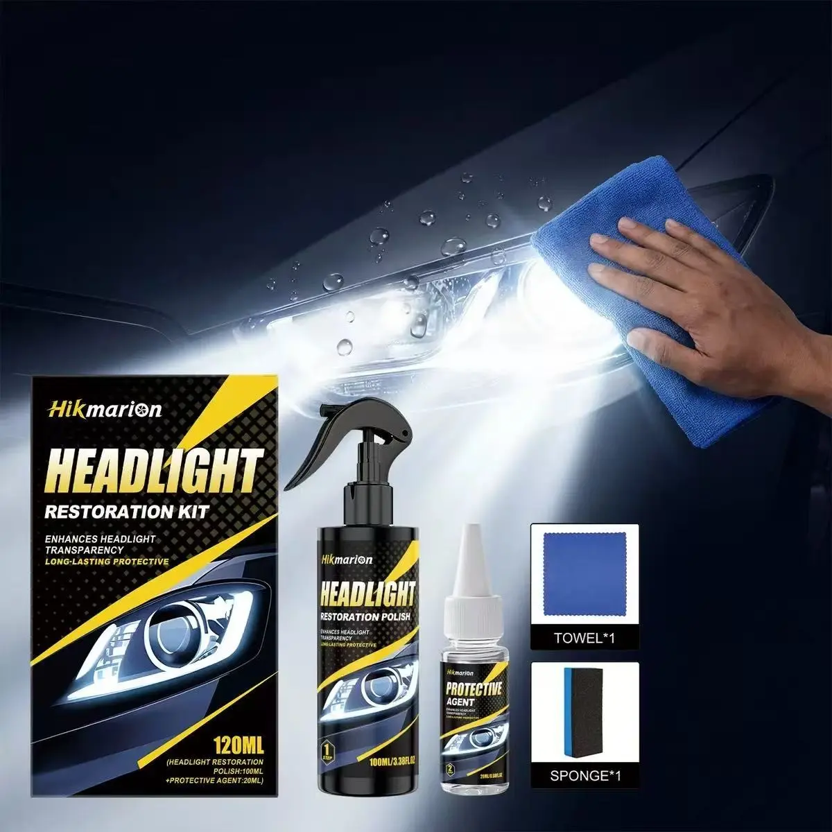 Hikmarion Car Headlight Cleaning Kit, Headlight Cleaner and Restorer Kit, Improve Yellowing and Blurred Lighting, Clear Surface Protection, Automotive Headlight Maintenance Set, Car Cleaning Supplies, Car Care Products, Car Detailing Products