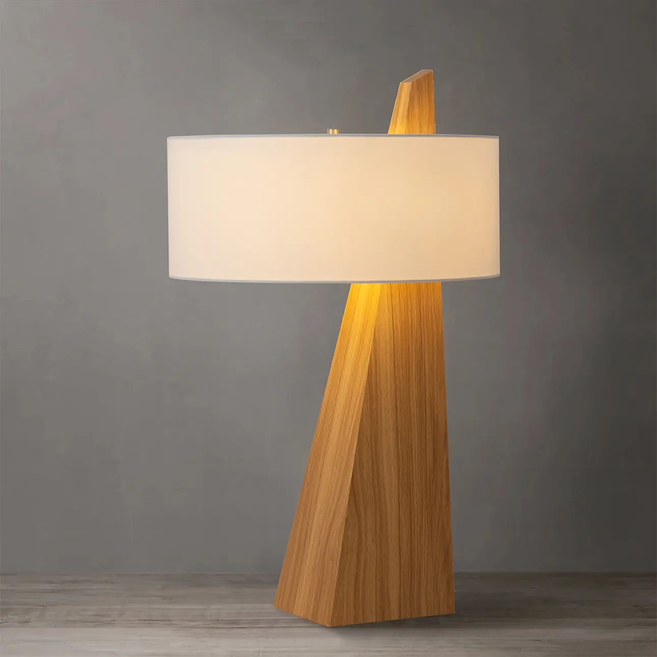 Obelisk Table Lamp - Natural Ash Wood Finish, White Cotton-Linen Shade