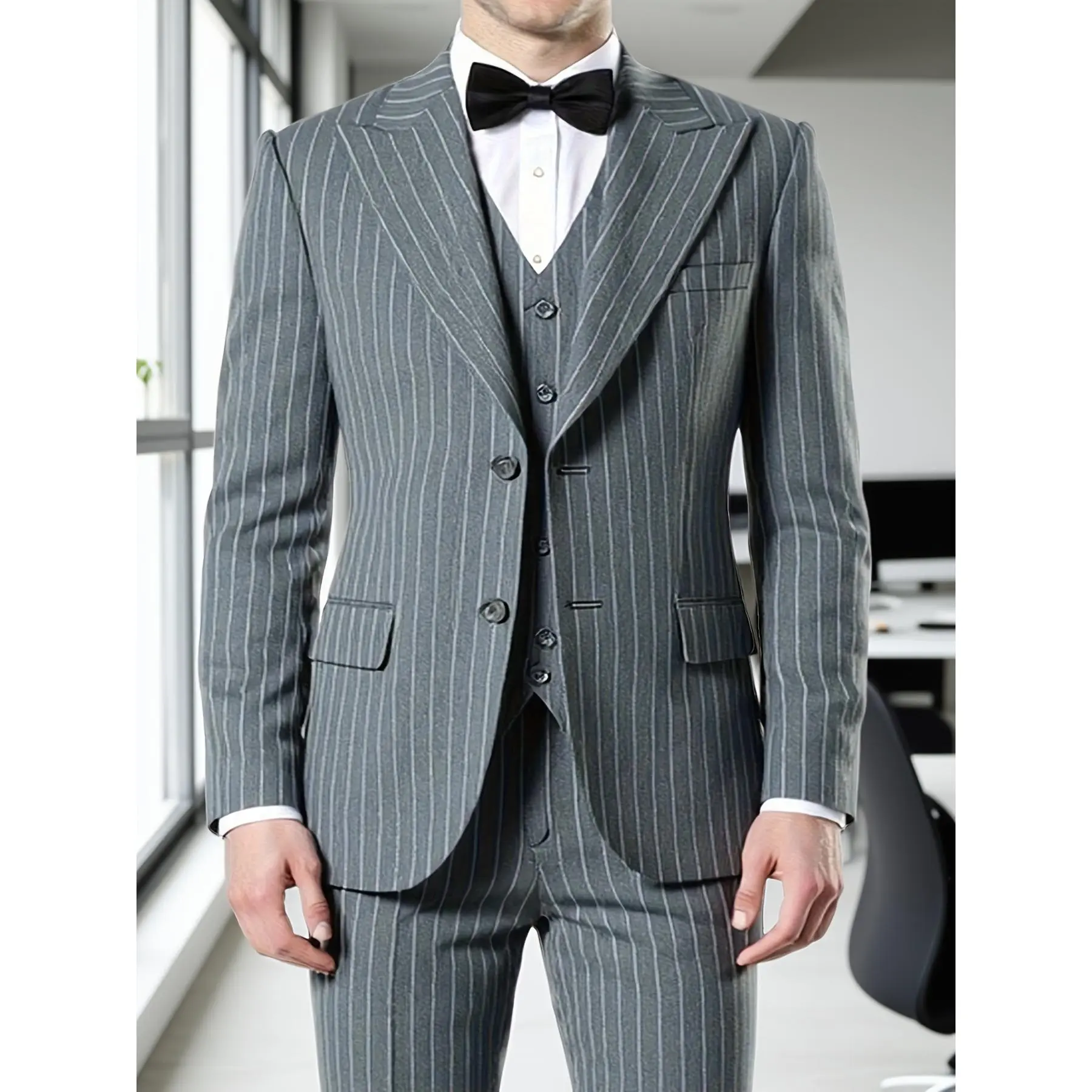 Men’s 3-Piece Pinstripe Formal Workwear Suit Set - Long-Sleeve Blazer, Vest, Pants - Formal Wear, Business Attire for Special Occasions, Ideal Gift Option, Rayon, Fitted, Button Front, Menswear