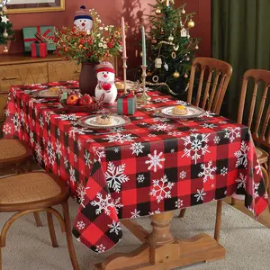 SASTYBALE Christmas Tablecloth Rectangle Vinyl with Flannel Backing, Buffalo Plaid Snowflake Print, Waterproof & Heavy Duty Plastic Table Cover for Dining, Party, Holiday, Red and Black Ornaments Decoration