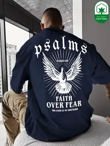 Men's 100% Cotton Psalms Peace Dove Print T-Shirt, Loose Fit Short Sleeve, Casual Graphic Tee, All Seasons Wear, No Zipper, with Collar