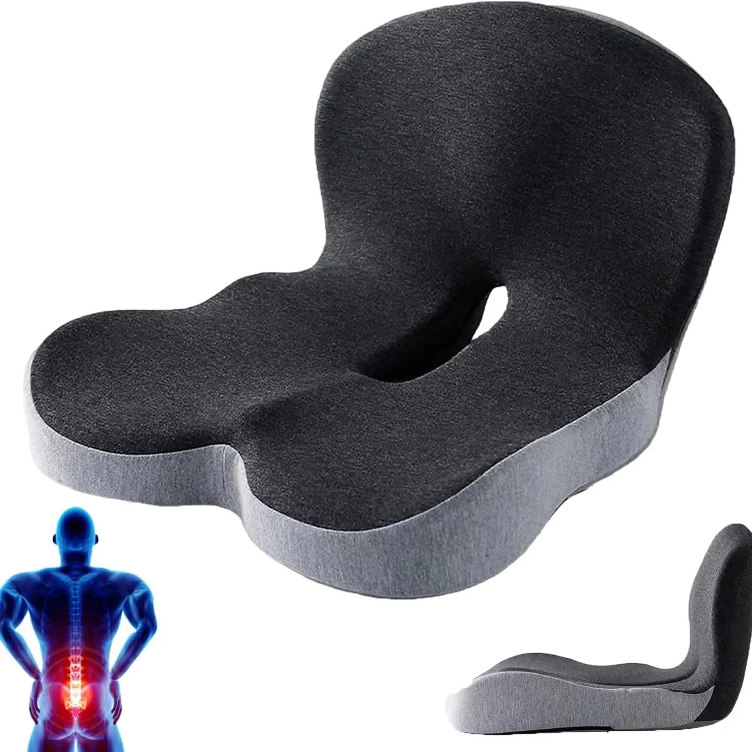 Ergonomic Memory Foam Padded Seat Cushion, L-Shape Design, Breathable Anti-Slip, Supportive, Tailbone, Pressure Relief, Hip, Ideal for Office Chair, Car, Wheelchair, Relieves Sitting Discomfort