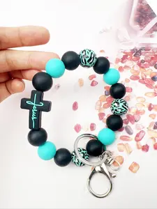 Leopard Wood Beads Keychain, Multi-colored Silicone Beads, Crossover Letters Bag Pendant, Car Key Pendant, Gift for Friends