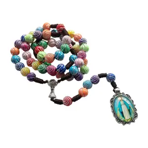 Vintage Colorful Beads Rosary Necklace with Mary Pendant Necklaces Religious Catholic Prayer Gifts for Men Women Jewelry