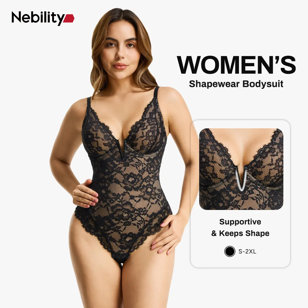 Nebility Women's Corset-Style Lace Bodysuit with Adjustable Straps, Deep V Neck Body Contouring Going-Out Top