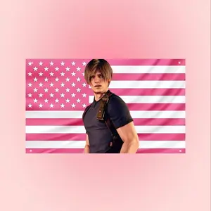 Leon Kennedy Pink American Flag Tapestry – Resident Evil Wall Art | Gaming Room Decor | Survival Horror Fan Flag Banner