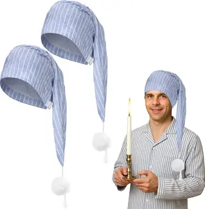 2 Pcs Men's Night Cap Adjustable Sleeping Caps Striped Pajama Hat with Pom Ball for aily Costume Party Supplies