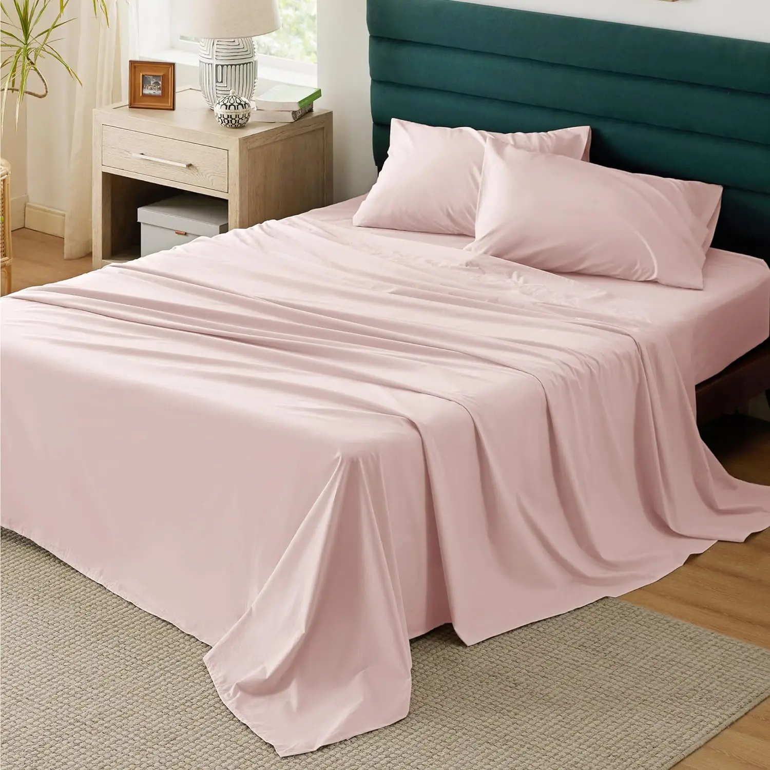 Queen Size 100% Premium Quality Cotton Percale Weave Sheets & Pillowcases Set - Crispy Botanical, Breathable, Cooling, 16 in Deep Pockets, Washable, Fade Resistant