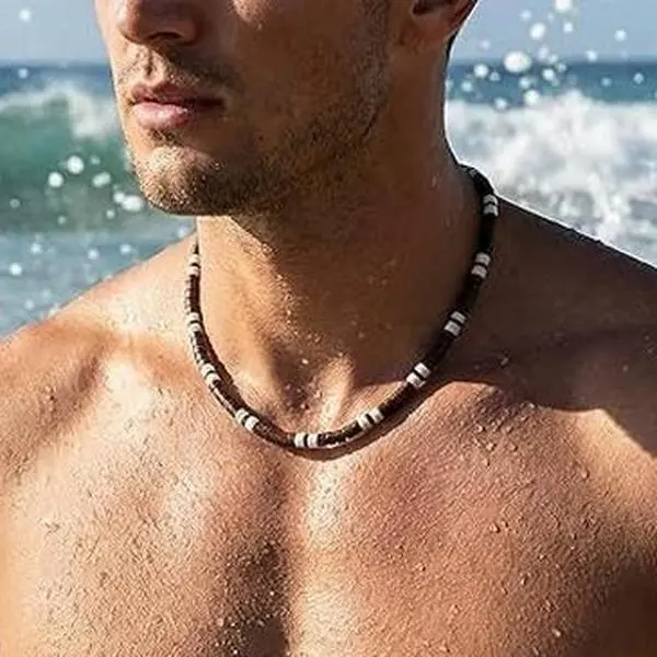 Men's Puka Shell Necklace with Wooden Beads and Gold Link Chain, Bohemian Style Jewelry for Casual Wear, Birthday, Wedding, Anniversary Gift, Daily, Male, Resistant To Abrasion