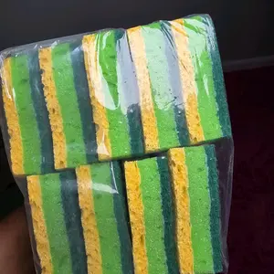 10 Pieces Green and Yellow Striped Sponges in Clear Packaging for Cleaning Tasks - Ideal for Household Use