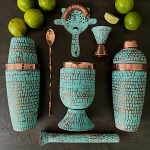 Mexican Barware Handmade Copper 7-Piece Tools Set- Emerald Set