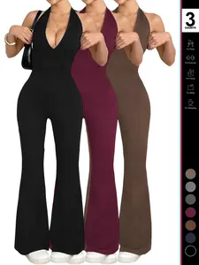 2026 Women's Sexy Halter V Neck Jumpsuit, Sleeveless Backless Design, Fitted Flare Leg Romper, Casual Style for All Seasons