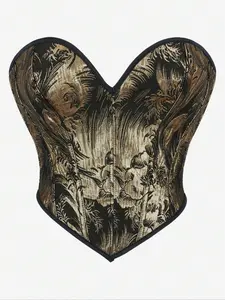 Elegant Gold Jacquard Printed Corset Top, Heart Neckline, Adjustable Back Strap, Perfect for Parties & Photoshoots, All Seasons Wear