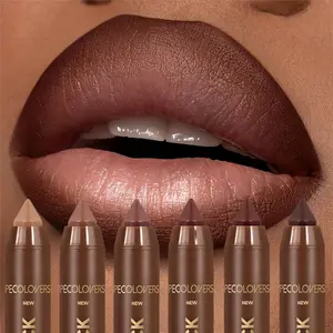 6pcs/set Brown Matte Lipstick Lip Liner, Matte Lip Pencil, 3D Lip, Silky, Beginner-friendly, Non-stick Cup, Ideal Halloween Christmas Gift