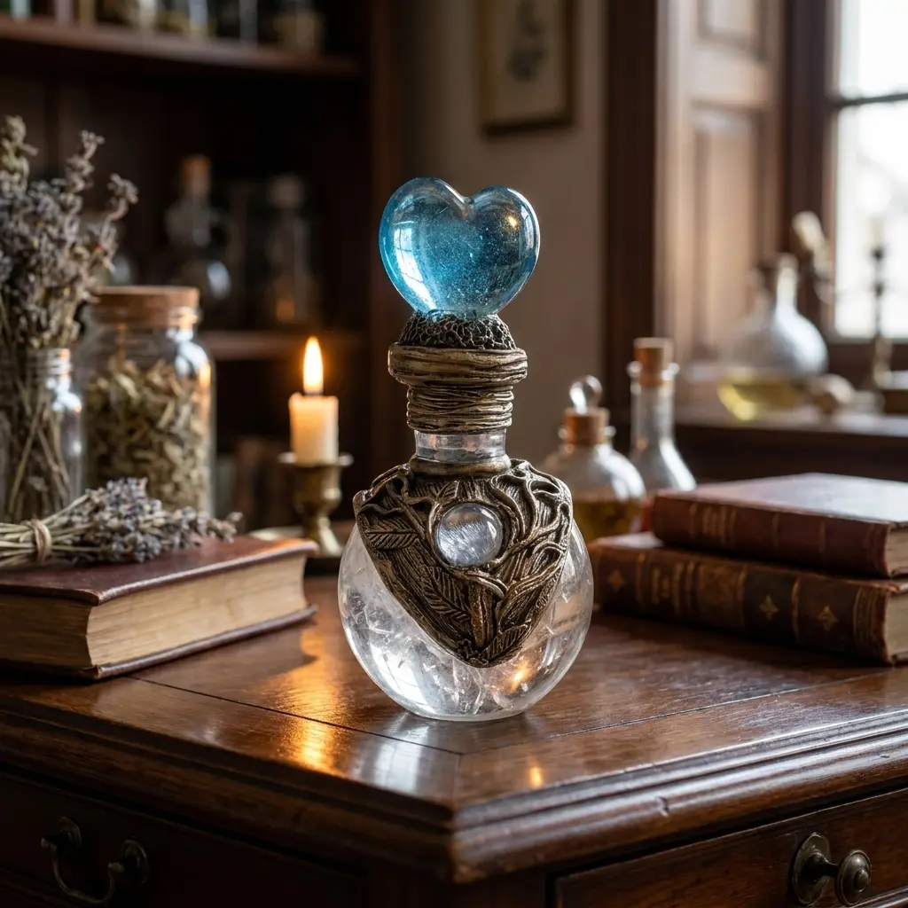 Vintage Blue Heart Magic Potion Decorative Bottle with Crystal Topper, Handcrafted Antique Bronze Fantasy Fragrance Vessel for Home Altar, Witchy Aesthetic Room Decor Spiritual Gift with Safe Box