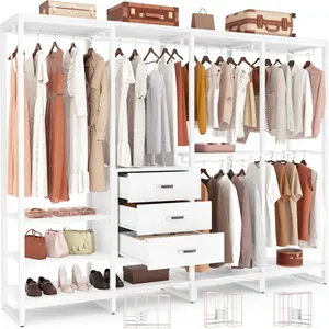 Wood Clothes Rack Wardrobe Closet for Hanging Clothes Heavy Duty Garment Rack, Large Corner L Shaped Closet System Organizers Walk-in Closet for Bedroom with 3 Wood Drawers, Pure White closet wardrobe