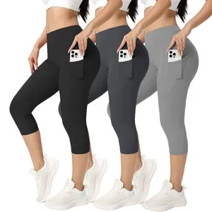 3 Pieces Women's Cropped Yoga Pants Leggings High-Waist Sports Trousers with Convenient Side Pockets for Sports Leisure and Fitness